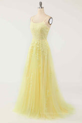 Cocktail Dress, Light Yellow A-line Scoop Neckline Embroidered Tulle Long Prom Dress